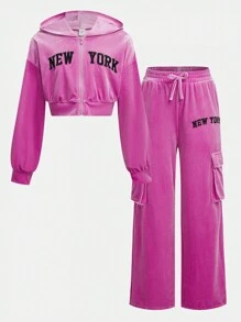 SHEIN Girlism Tween 女童纯粉色落肩字母刺绣长袖拉链连帽短款夹克带口袋和阔腿工装裤 2 件/套 - 粉色 - 查看 4