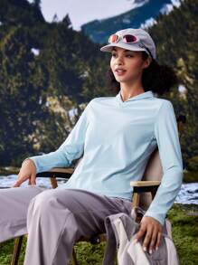 In My Nature Maglietta a maniche lunghe con collo morbido e alta elasticità da donna, adatta per campeggio, trekking, pendolarismo in città, colore blu - Blu - Visualizzare 9