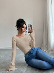 Elenzga 1 pieza Suéter ajustado para damas con mangas abullonadas y hombros descubiertos