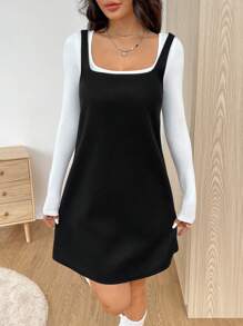 SHEIN EZwear Women's Casual Pinafore Mini Dress, Fall/Winter - Black - View 3