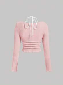 SHEIN Girlism Áo thun cổ tròn tay dài đơn giản thoải mái màu sắc đơn giản cho bé gái tuổi teen - Hồng - Xem 2