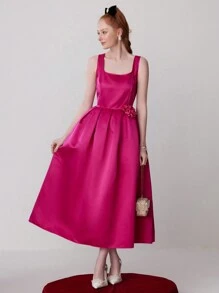 SHEIN Belle 女士方领褶皱荷叶边花卉点缀正式晚礼服 - 玫紅色 - 查看 3