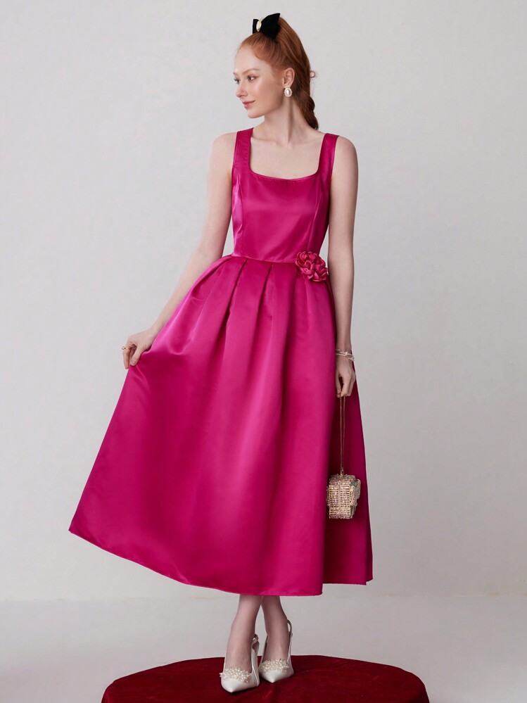 SHEIN Belle Vestido de noche formal con cuello cuadrado, plisado, volante lateral y acento floral para mujer - Rosa Fucsia - Añade 3