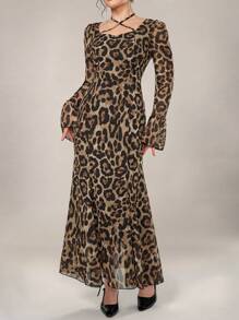 Modelyn Women's Long Sleeve Halter Leopard Print Dress, Casual Daily Wear Maxi Women Outfit Long Evening Dresses Fall Cloth For Women - Brown - View 4