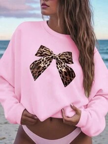 SHEIN EZwear 女式豹纹蝴蝶结印花休闲圆领落肩长袖运动衫，秋冬 - 粉色 - 查看 1