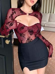 DAZY 情人节红色花卉全印花网眼袖女式 T 恤透明长袖女式上衣，秋季女装 - 酒紅色 - 查看 8