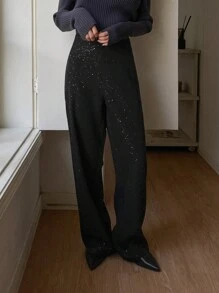 DAZY Spodnie z prostymi nogawkami z cekinami dla kobiet, strój na Nowy Rok, karnawał - Czarne - Zobacz 6