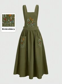 ROMWE Fairycore Vestido peto con bolsillos duales y bordado floral de inspiración renacentista - Verde militar - Ver 1