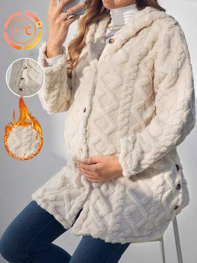 SHEIN Chaqueta de vellón con capucha y botones frontales para maternidad, chaqueta de vellón con capucha, para el invierno