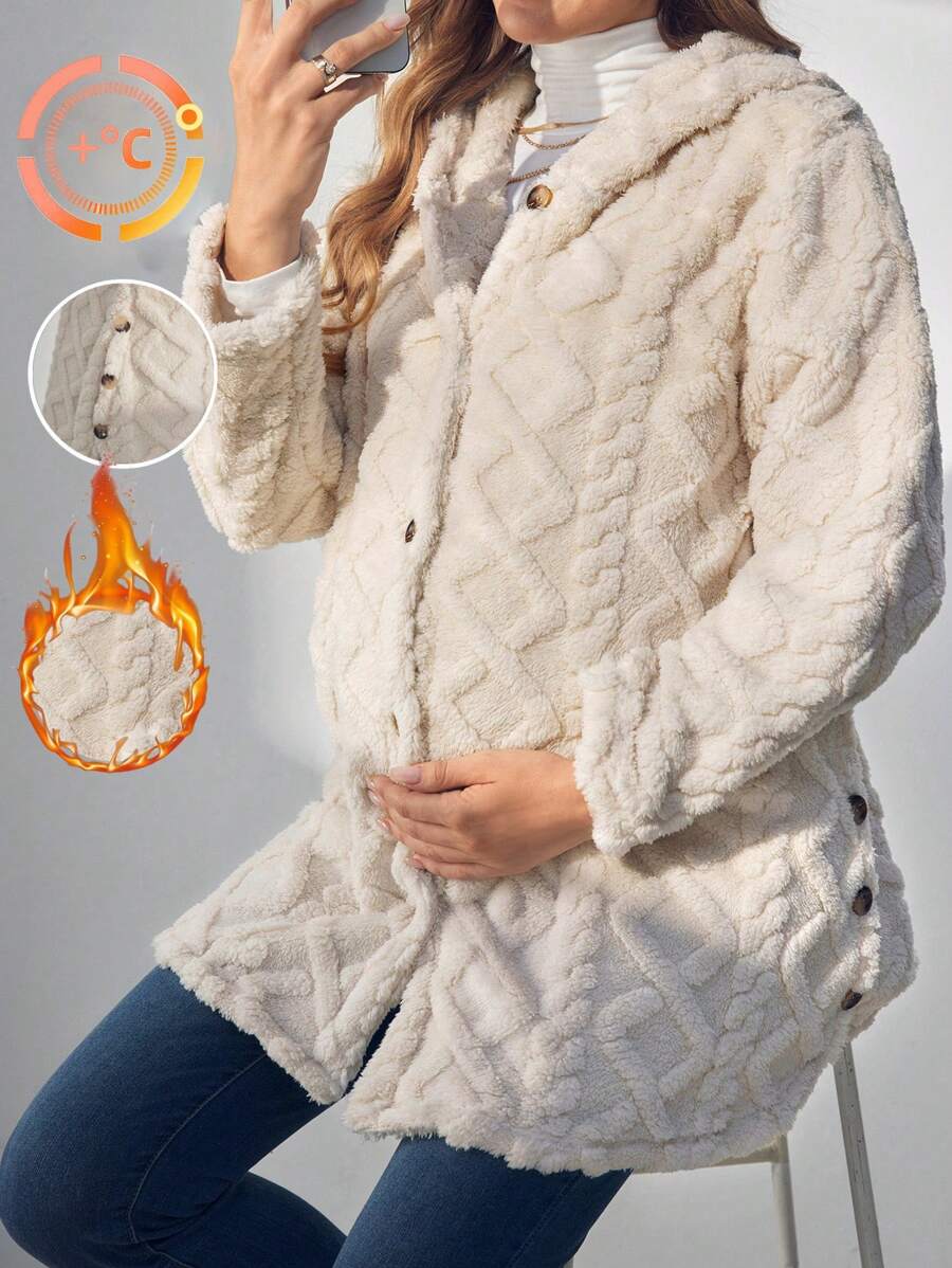 SHEIN Maternity Solid Button Front Hooded Fleece, Hooded Fleece Jacket, For Winter