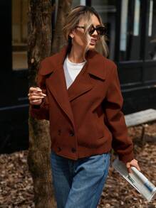 Aveloria 女士法式时尚复古风格褶皱袖口和下摆、翻领、双排扣短夹克、秋季服装 - 棕色 - 查看 5