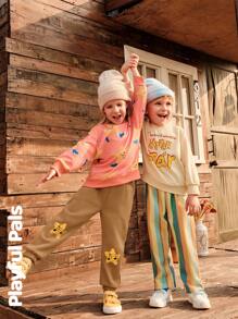 SHEIN 1 件童谣图案印花圆领运动衫，可爱/复古/休闲，适合男孩和女孩，返校，春/秋/冬 - 杏色 - 查看 6