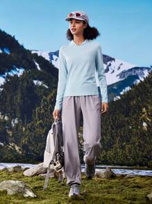 In My Nature Maglietta a maniche lunghe con collo morbido e alta elasticità da donna, adatta per campeggio, trekking, pendolarismo in città, colore blu - Blu - Visualizzare 10