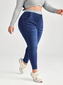 SHEIN CURVE+ Blue Plus Size Jeans Skinny Stretch Trousers Lined For Added Warmth Thermal Denim - Dark Wash - View 5
