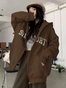 DAZY Women's Loose Fit Letter Print Fleece Sweatshirt, Autumn,Long Sleeve Tops Hoodie,Fall Women Clothes Jacket Zip Up,Winter