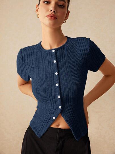 Poéselle Fall Slim Asymmetric Ribbed Short Sleeve Women's T-Shirt With Split Hem Design, Short Sleeve Shirt, Crew Neck, Skinny Short Sleeve Shirt, T-Shirt, Fall Women's Tops, Halloween Shirt, Going Out Costume