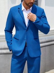 Manfinity Mode 2 件套男士纯色单排扣长袖西装外套和裤子套装，男士纯色简约日常长袖西装套装，蓝色西装套装 - 藍色 - 查看 6