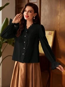 Vintamour 复古优雅女式衬衫，蕾丝拼接，V 领，长喇叭袖，荷叶边下摆和精致的珍珠纽扣，非常适合工作返校服装秋装女式衬衫秋季上衣秋季服装教师服装冬季女士复古服装白色长袖衬衫纽扣衬衫长袖上衣长袖衬衫 - 黑色 - 查看 7