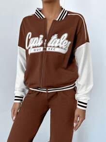 EURMUSE 2pcs Women Solid Color Patchwork Front Zipper Letter Print Long Sleeve Top And Pants Casual Suit - Chocolate Brown - View 5