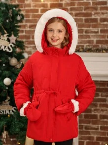 Tween Girl Extra Warm Padded Mid-Length Padded Coat With Fluffy Hooded Trim & Detachable Insulated Mittens, Fashionable & Cute For Winter, For Christmas - Red - View 4
