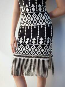 Maija Women's Western-Style Crew Neck All-Over Print Fringe Hem Sleeveless Sweater Dress, Autumn & Winter