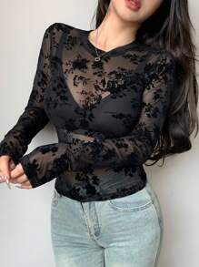 DAZY Women's Fitted Sheer Lace Crew Neck Pullover Top Going Out Tops Long Sleeve Women Tops,Fall Women Clothes