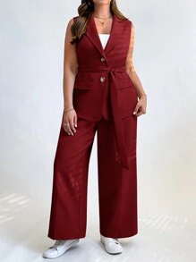 SHEIN Essnce 大码女式纯色缺口领单排扣背心和阔腿裤休闲套装，春夏季 - 酒紅色 - 查看 6