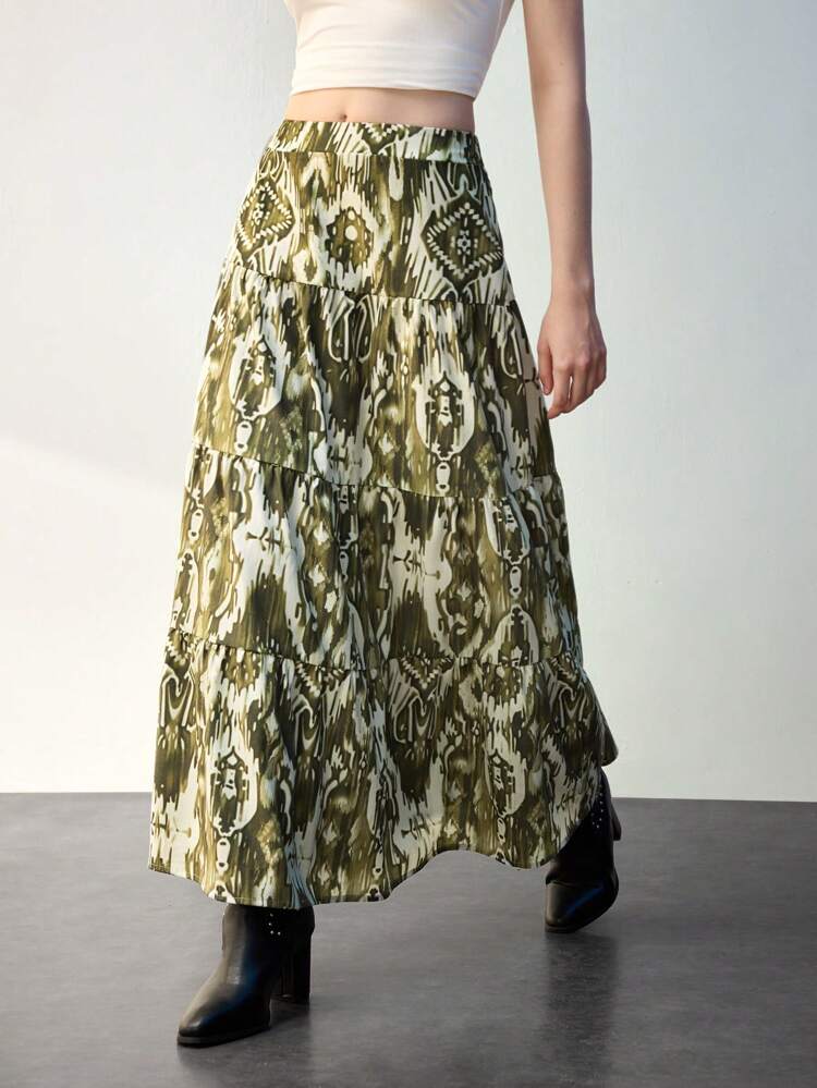 SHEIN Maija Women's Western Print Ruffle Hem Casual Skirt, Autumn/Winter