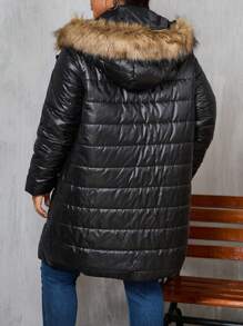 SHEIN LUNE Plus Size Winter Clothes Casual Zip-Up Hooded Padded Padded Coat With Dual Pockets And Fluffy Trim - Black - View 2