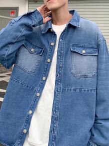 Claim Dot Men's Blue Loose Fit Drop Shoulder Casual Basic Plain Long Sleeve Button Up Denim Shirt, For Vacation