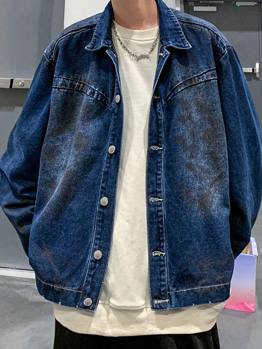 Claim Dot Men's Dark Blue Distressed Denim Jacket - Dark Wash - View 1