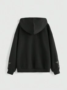 ROMWE Grunge Punk Oversized Leopard Print & Star Embroidered Hooded Zip-Up Sweatshirt For Women - Black - View 2