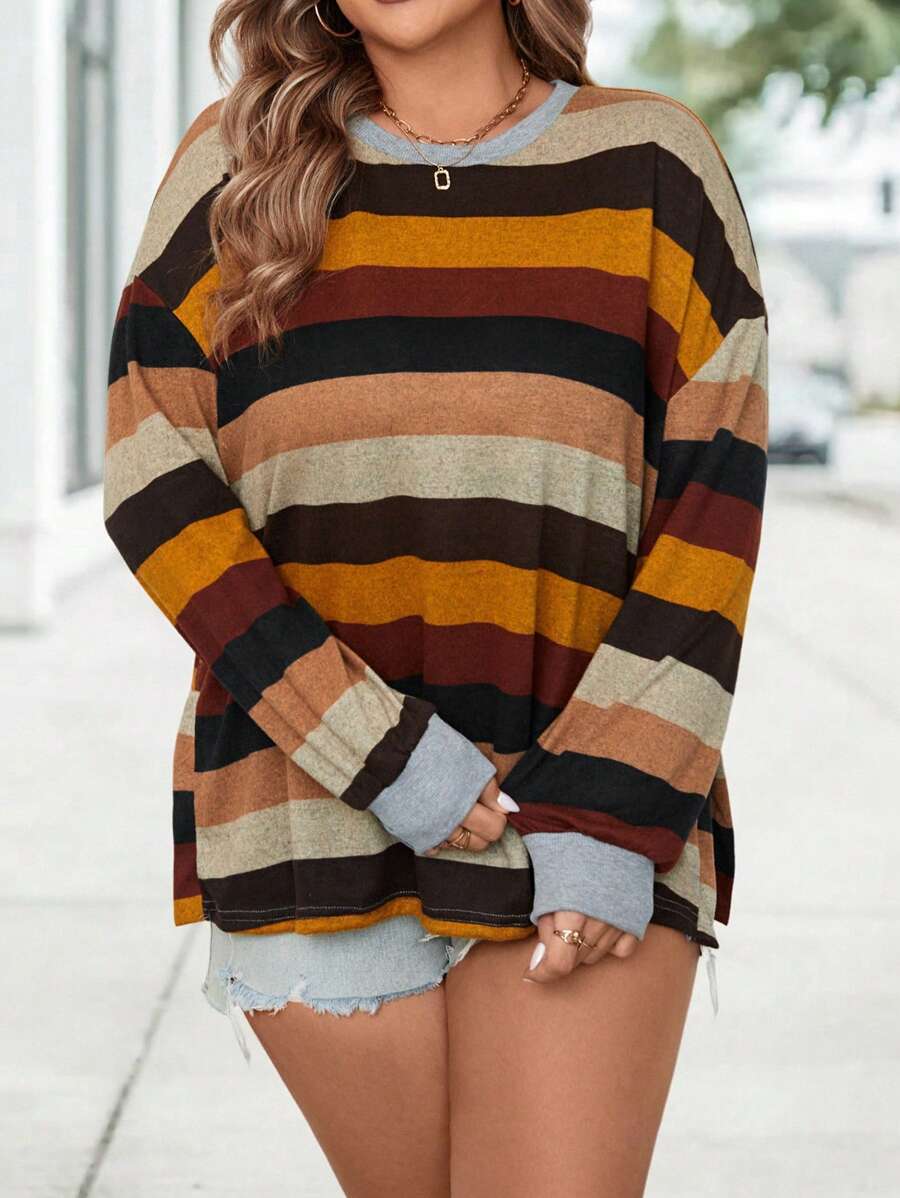 SHEIN LUNE Plus Size Colorful Striped Crew Neck Slit Hem Long Sleeve T-Shirt Thanksgiving Holiday - Brown - View 1
