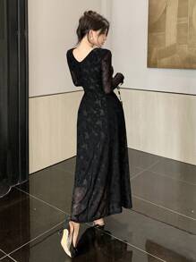 DAZY Women's Long Bodycon Dress With All Over Bow Print,Ruffle,Fall Dress