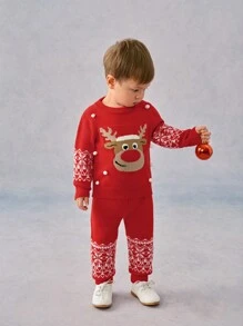 SHEIN Baby Boys Knit Sweater & Pants 2-Piece Set, Red Cozy & Warm Outfit For Autumn Winter, Christmas Deer Snow Heart Decor, Suitable For Holiday, Daily Wear, And Outings