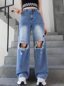 Teenage Girls' Casual Ripped Washed Straight Leg Jeans - Medium Wash - View 4