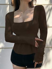 DAZY Women's Square Neck Textured A-Line T-Shirt,Babydoll Top Long Sleeve Women Tops