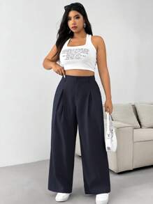SHEIN EZwear 大码纯色前扣简约西装裤，休闲日常装，毕业装，返校装，秋冬女士教师装 - 藏蓝色 - 查看 6