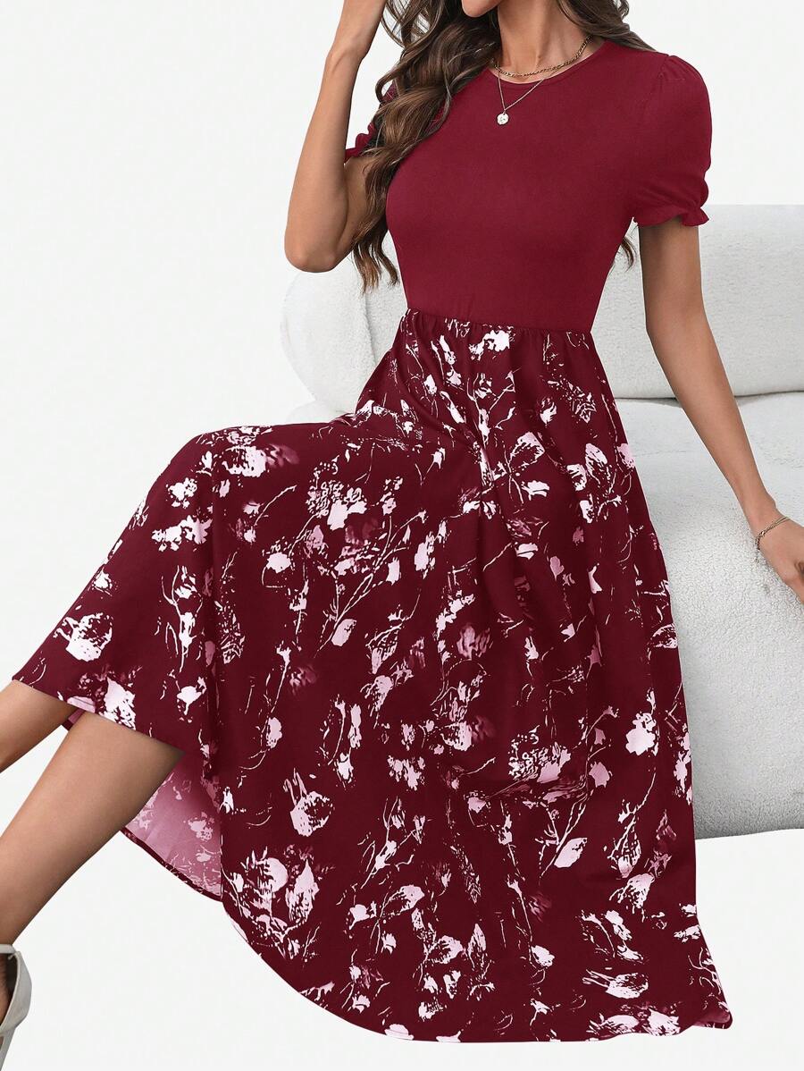 SHEIN Clasi 女式纯色拼布圆领短袖褶皱休闲连衣裙新年服装长款女装 - 紅色 - 查看 1