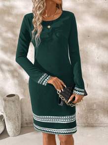 SHEIN Clasi Dames Lente & Herfst Ronde Hals Elegante Colorblock Geometrische Lange Mouw Jurk