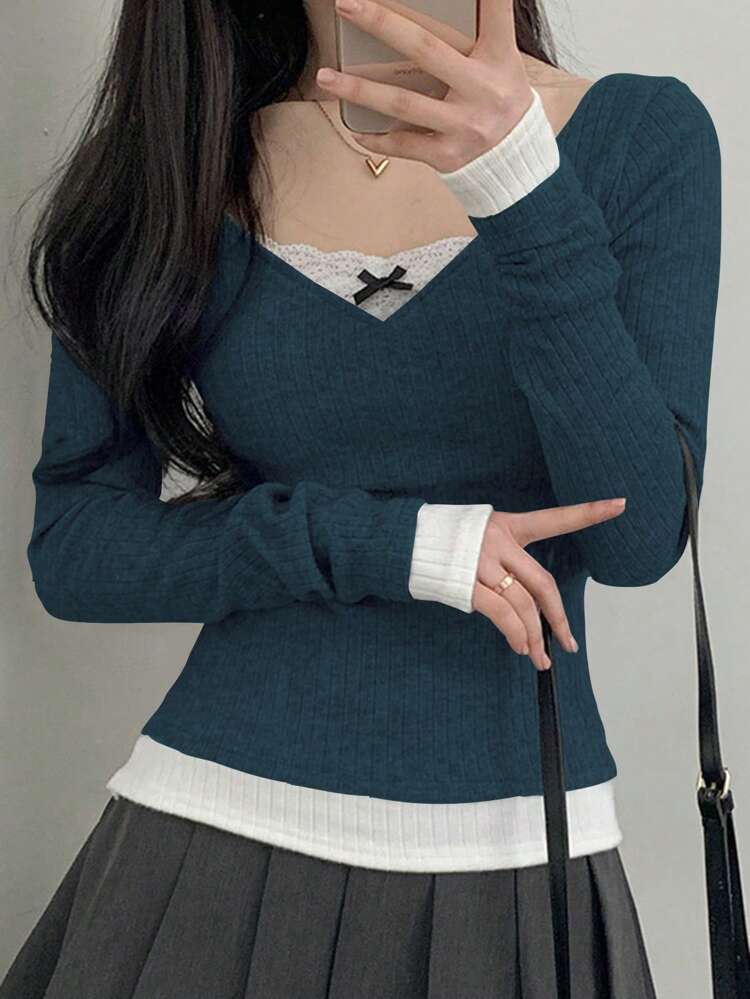 Women's V-Neck Lace Bow Splice Colorblock T-Shirt,Fall Clothes Long Sleeve Women Tops