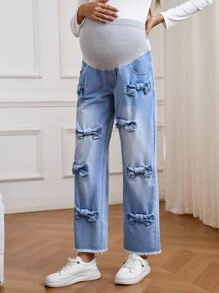 SHEIN Maternity Simple Patchwork Bowknot Decor Casual Denim Pants, Jeans - Light Wash - View 7