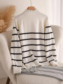 SHEIN Frenchy 大码女式休闲拼色条纹毛衣，秋季