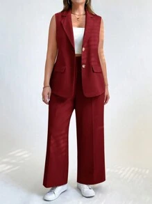 SHEIN Essnce 大码女式纯色缺口领单排扣背心和阔腿裤休闲套装，春夏季 - 酒紅色 - 查看 1