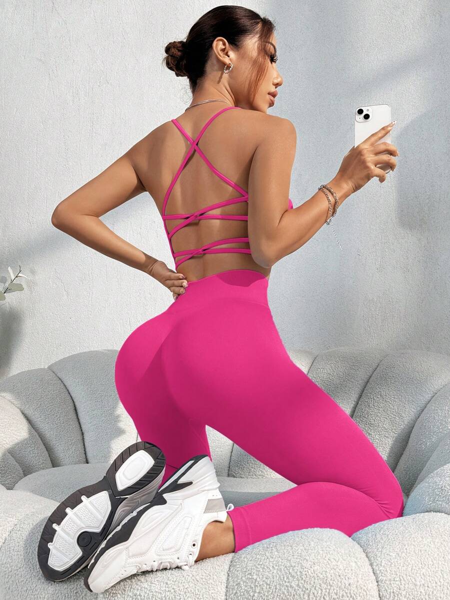 SHEIN Sports Bộ đồ thể thao liền mạch không dây hở lưng màu trơn & quần 7/8 dành cho nữ Bộ đồ tập luyện quần legging cho nữ - Màu Hồng Tươi - Xem 1