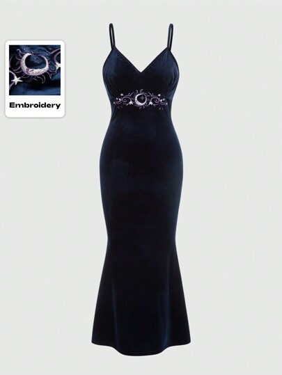 Hippie فستان نسائي بحمالات كتف رفيعة وقصة ذيل حورية البحر، مطرز برسمة القمر والنجوم