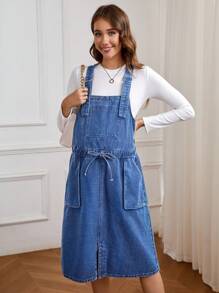 SHEIN Maternity Sleeveless Loose Casual Denim Jumper Dress With Pockets, Summer - Medium Wash - View 5