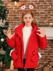Tween Girl Extra Warm Padded Mid-Length Padded Coat With Fluffy Hooded Trim & Detachable Insulated Mittens, Fashionable & Cute For Winter, For Christmas - Red - View 8