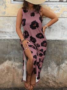 SHEIN LUNE 大码圆领无袖全印花开衩下摆休闲连衣裙 - 乾枯玫瑰色 - 查看 1