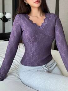 DAZY Lace Trim Fitted Sleepwear Top, Thermal Lined Fall,Winter Pajama